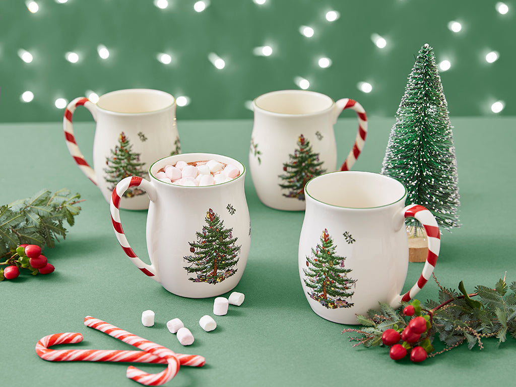 Spode Christmas Tree Mug with Peppermint Handle Set of 4