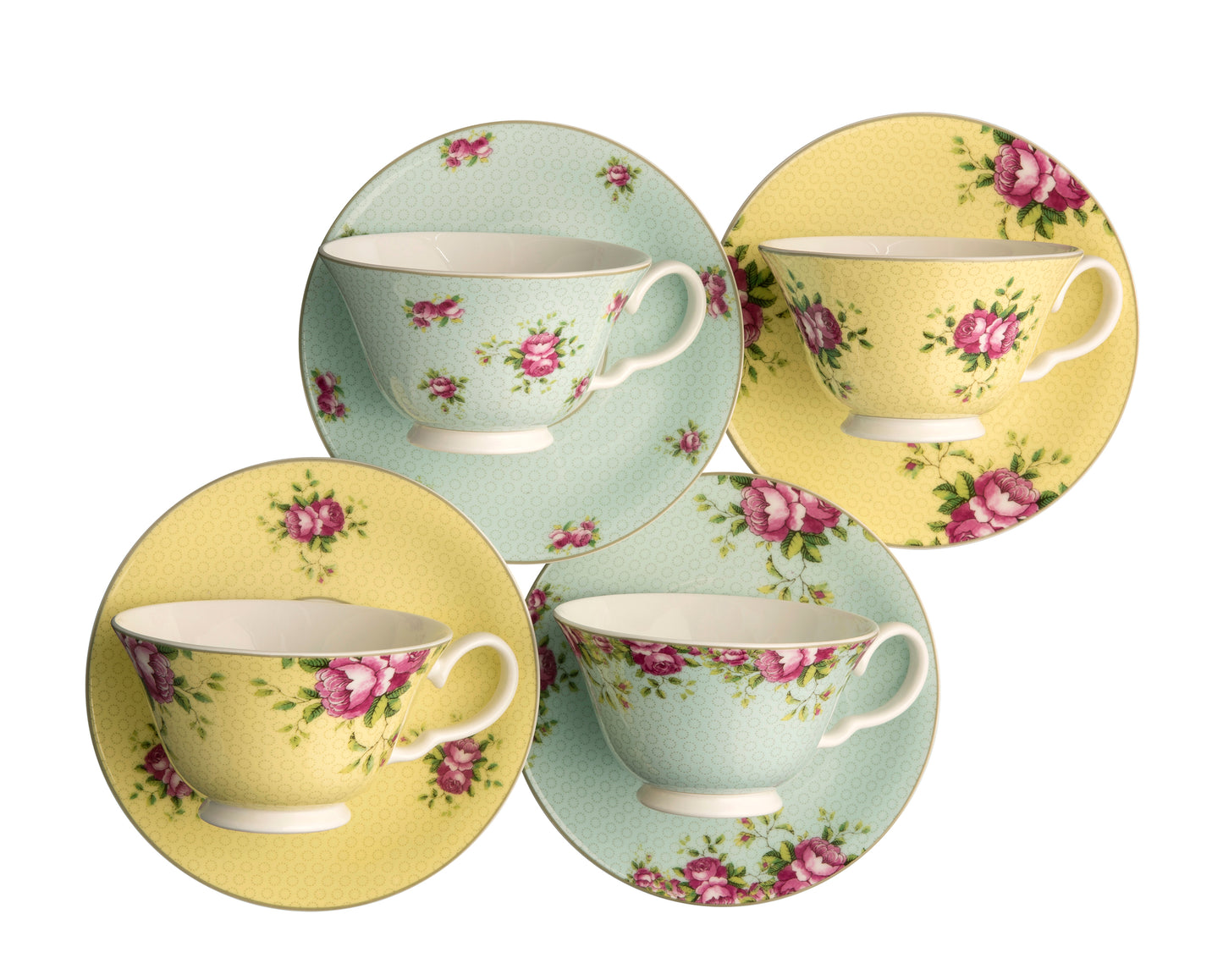 Aynsley Archive Rose Teacup and Saucer Set of 4