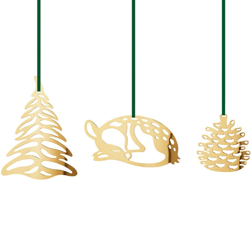 Georg Jensen Tree, Deer & Pinecone Large Ornament Set Gold Plated-Christmas-Goviers