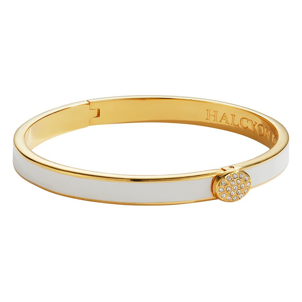 Halcyon Days Skinny Plain Pave Button Cream Gold Hinged Bangle-Jewellery-Goviers