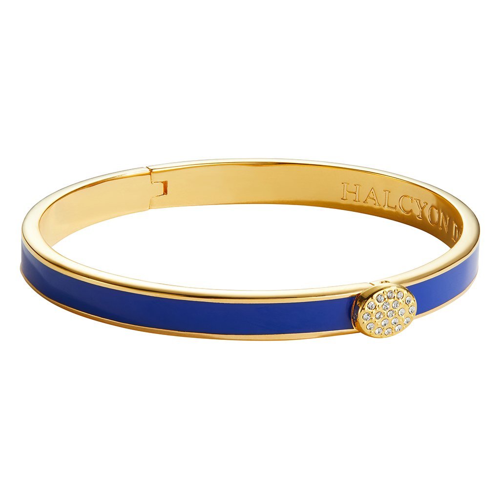 Halcyon Days Skinny Plain Pave Button Deep Cobalt Gold Hinged Bangle-Jewellery-Goviers