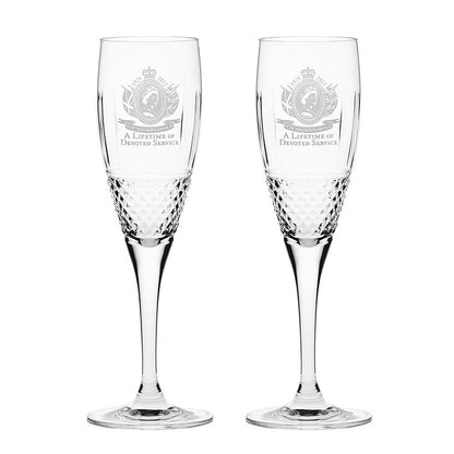 Royal Scot Crystal A Lifetime of Devoted Service Pair Champagne Flutes-Royal Commemorative-Goviers