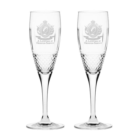 Royal Scot Crystal A Lifetime of Devoted Service Pair Champagne Flutes-Royal Commemorative-Goviers