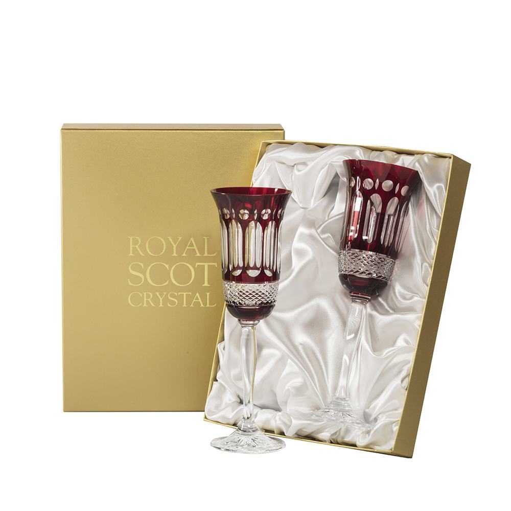 Royal Scot Crystal Belgravia Ruby Red Set of 2 Champagne Glasses-Goviers