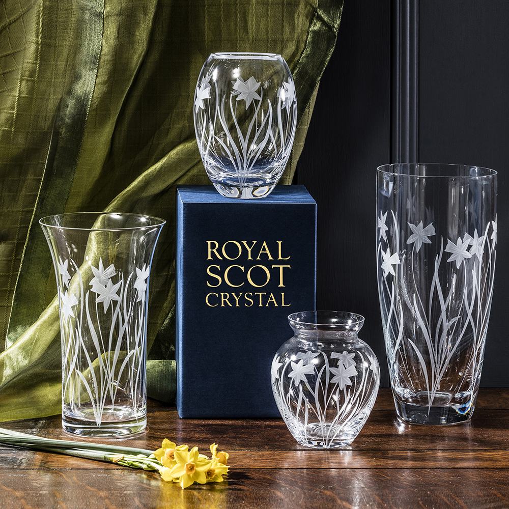 Royal Scot Crystal Daffodils Large Flared Vase 10.5"-Home & Garden > Kitchen & Dining > Tableware > Drinkware-Goviers