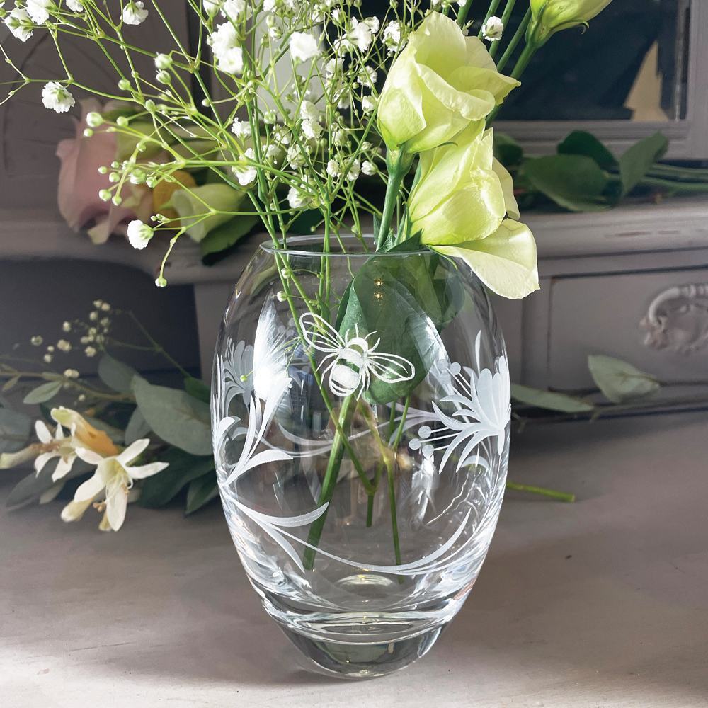 Royal Scot Crystal Bee & Honeysuckle Small Barrel Vase 6"