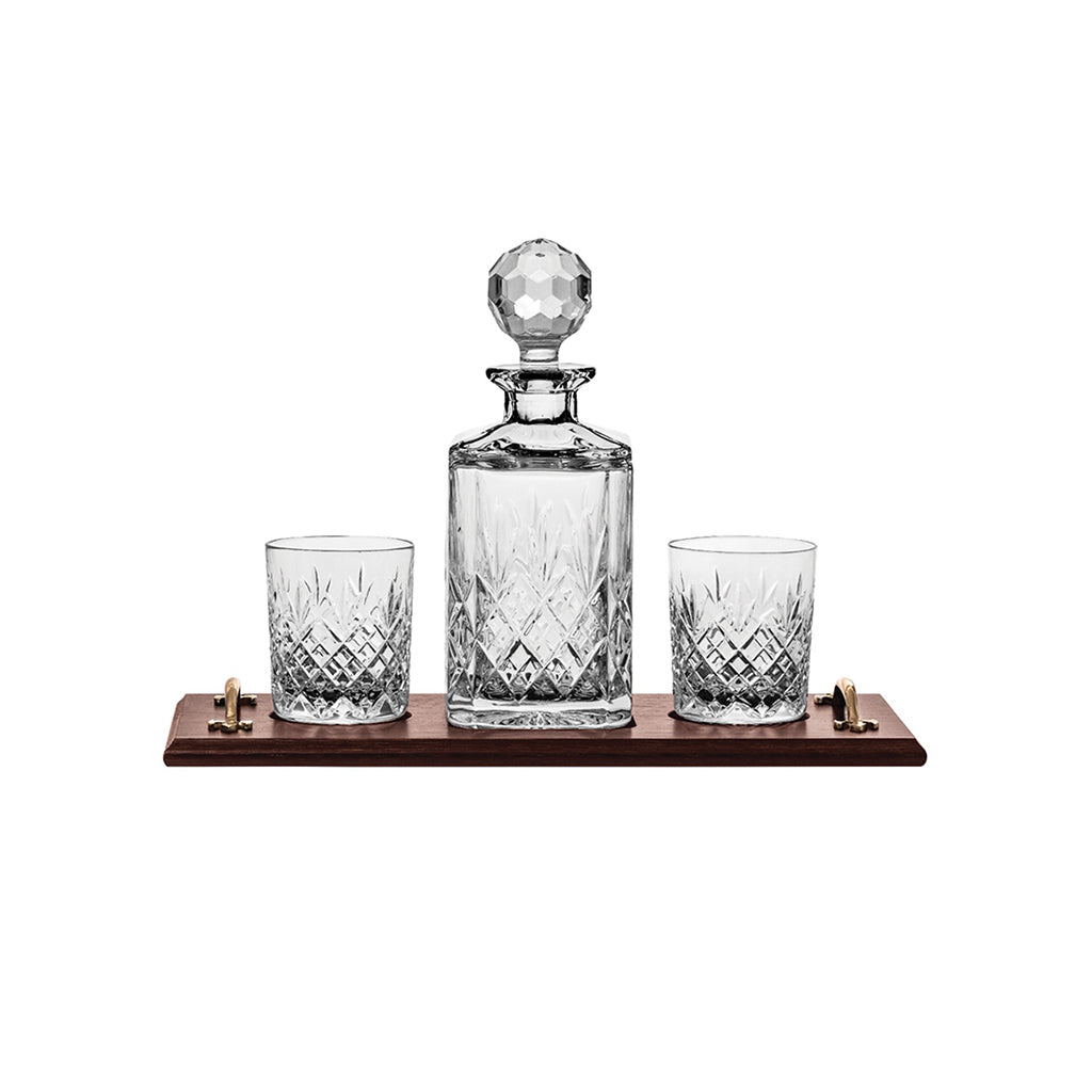 Royal Scot Crystal Edinburgh Whisky Oak Tray Set