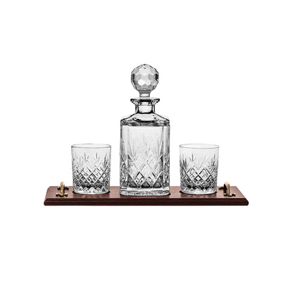 Royal Scot Crystal Edinburgh Whisky Oak Tray Set